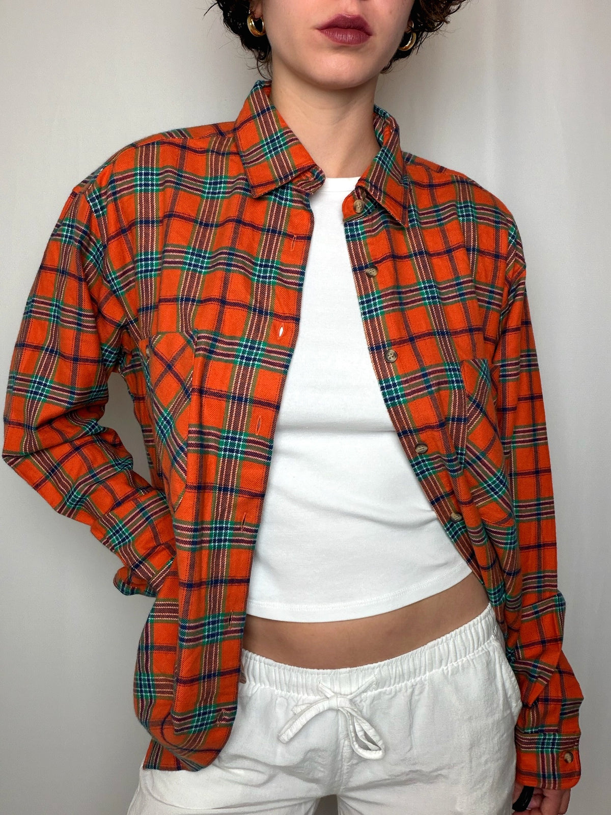 Chemise en flannelle orange à carreaux M vintage
