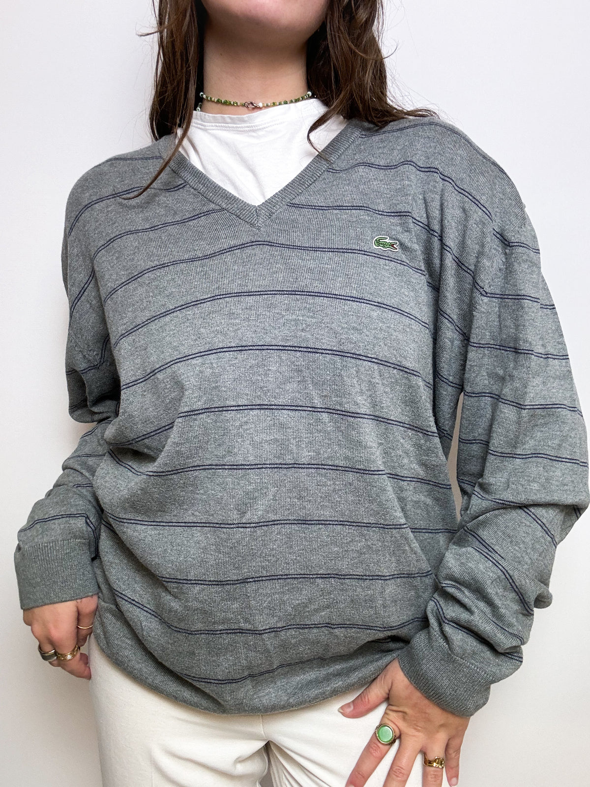 Gray striped V-neck sweater Lacoste L 