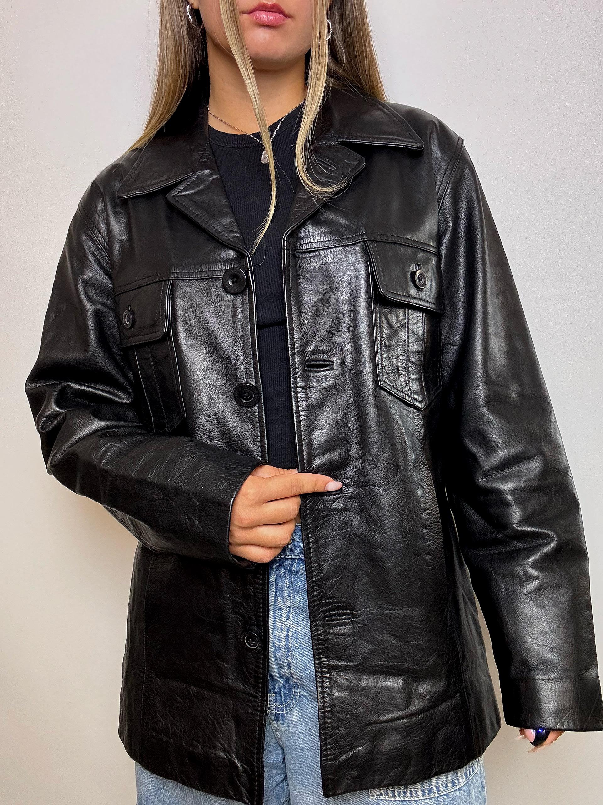 Veste en cuir mi-longue vintage noire M