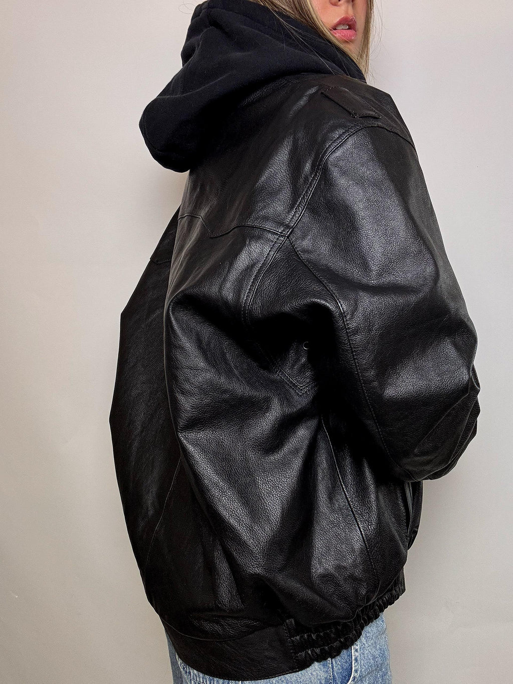Blouson oversized en cuir vintage noir L/XL
