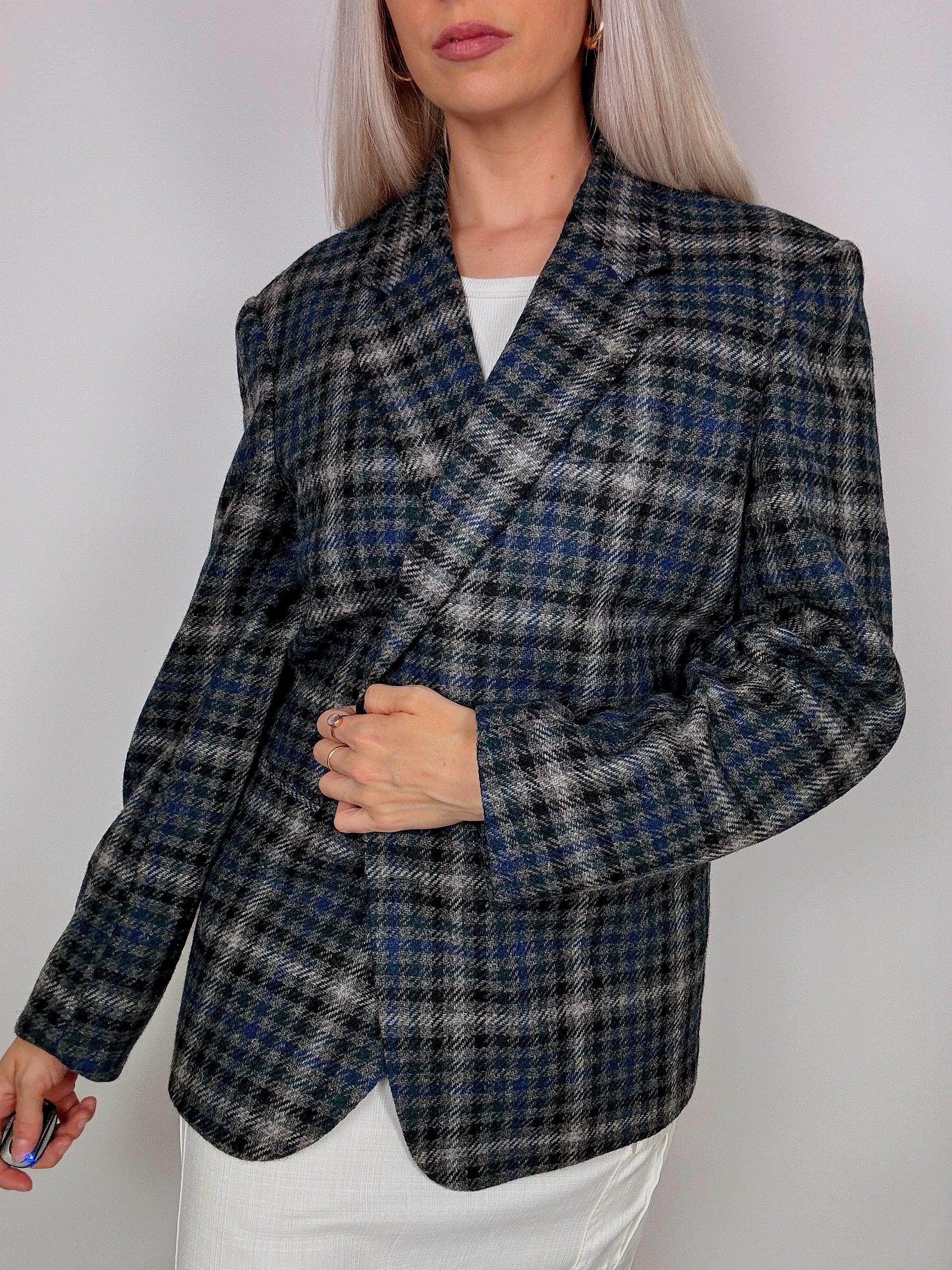 Blazer vintage oversize à carreaux bleu