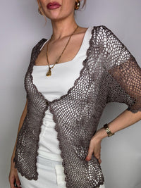 Gilet sans manche brun en crochet vintage