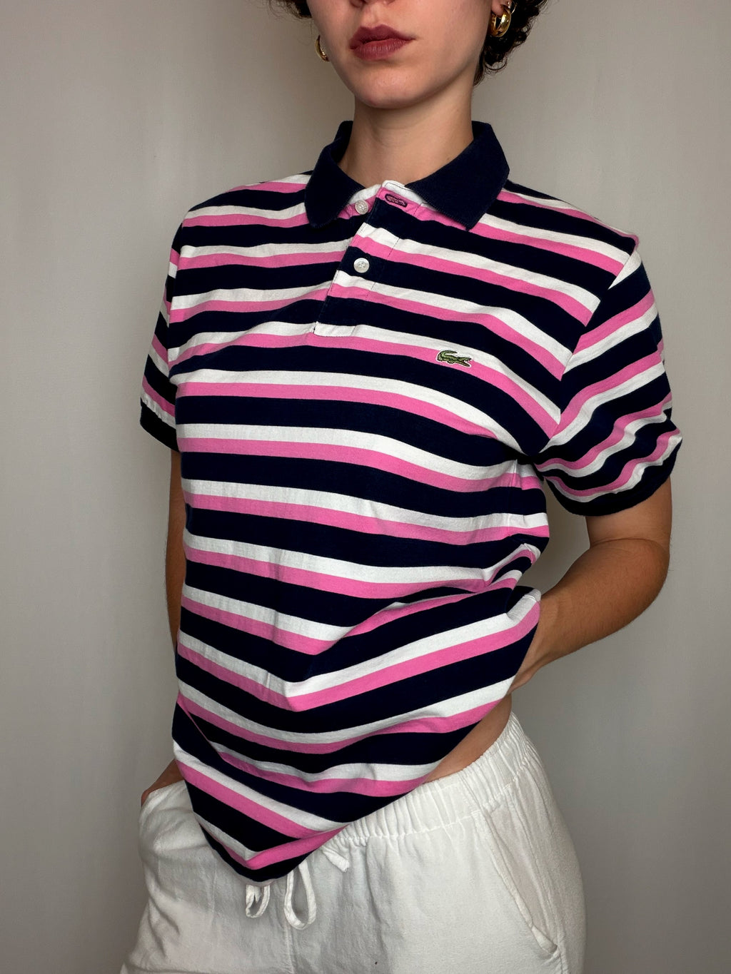 Polo Rayures Bleu Marine, Rose Et Blanc Lacoste L vintage