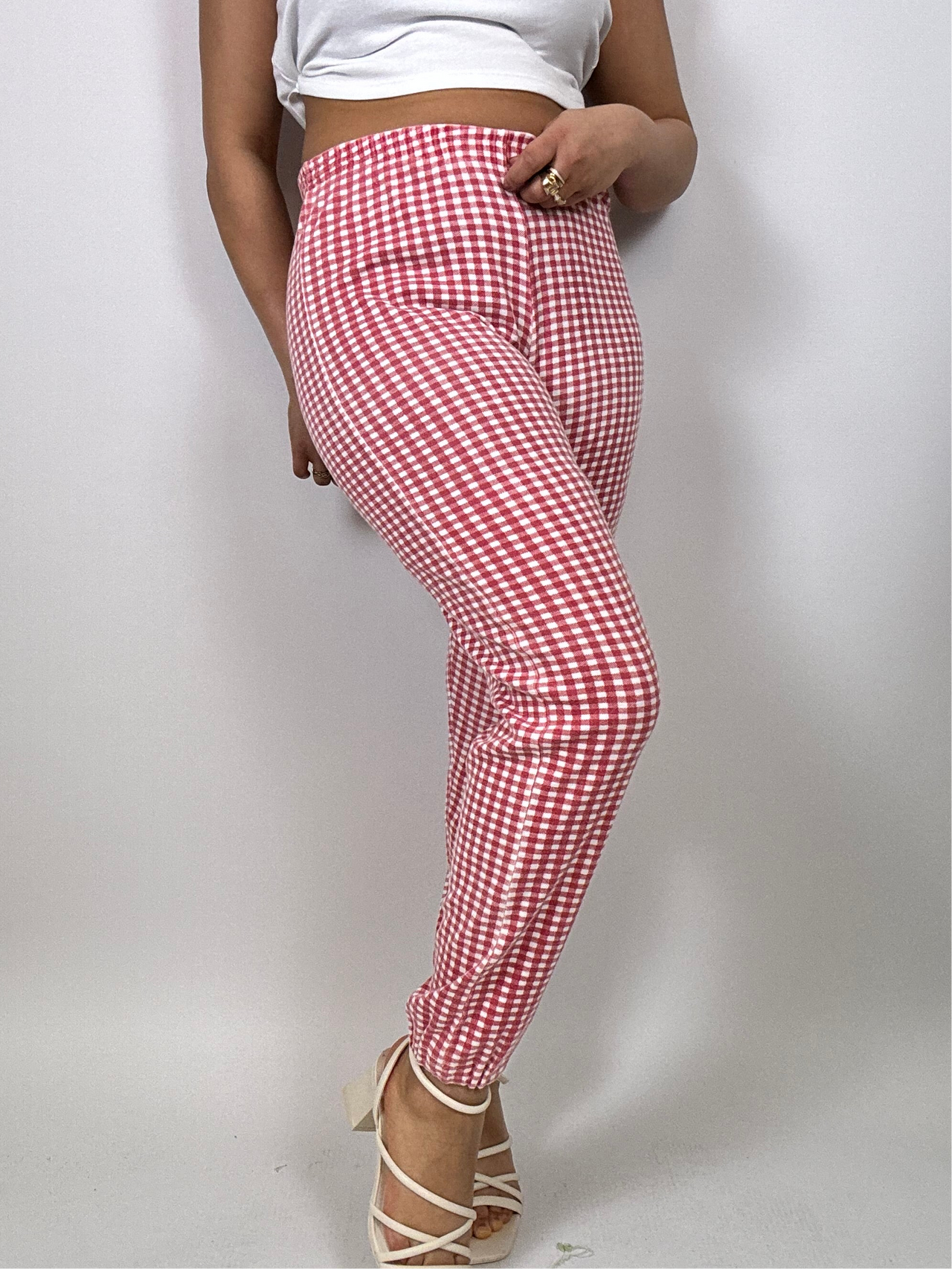 Pantalon “pyjamas” vintage banc et rouge à carreaux