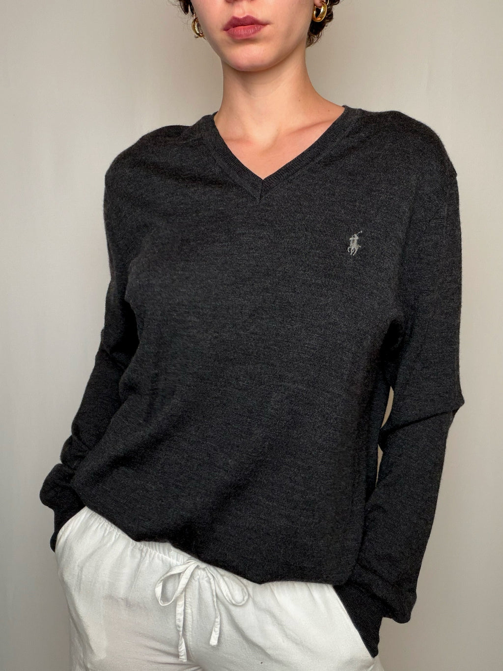 Pull en laine merino gris Ralph Lauren L vintage