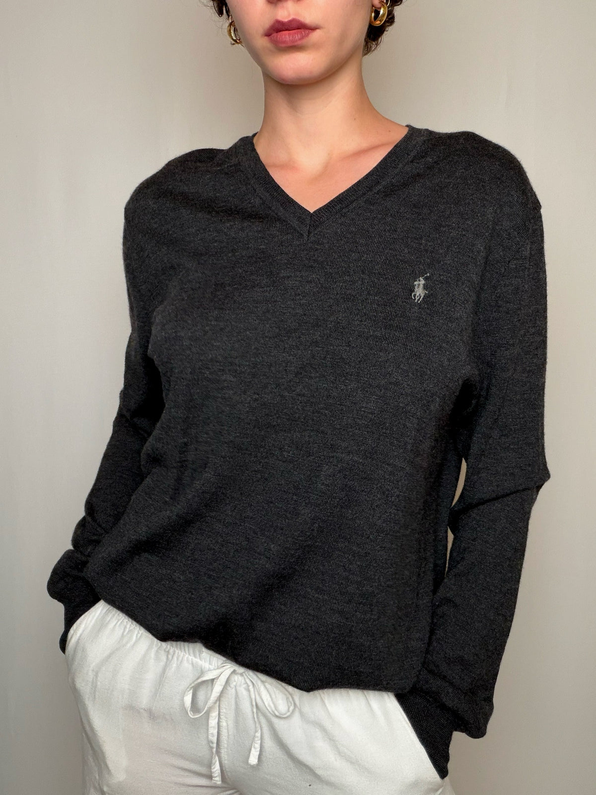 Pull en laine merino gris Ralph Lauren L vintage