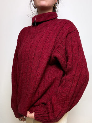 Red wool sweater with Vintage zip L/XL 