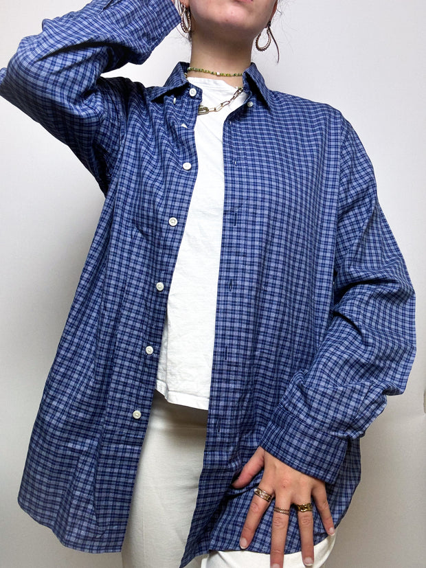 Chemise à carreaux bleu foncé et blanche vintage L