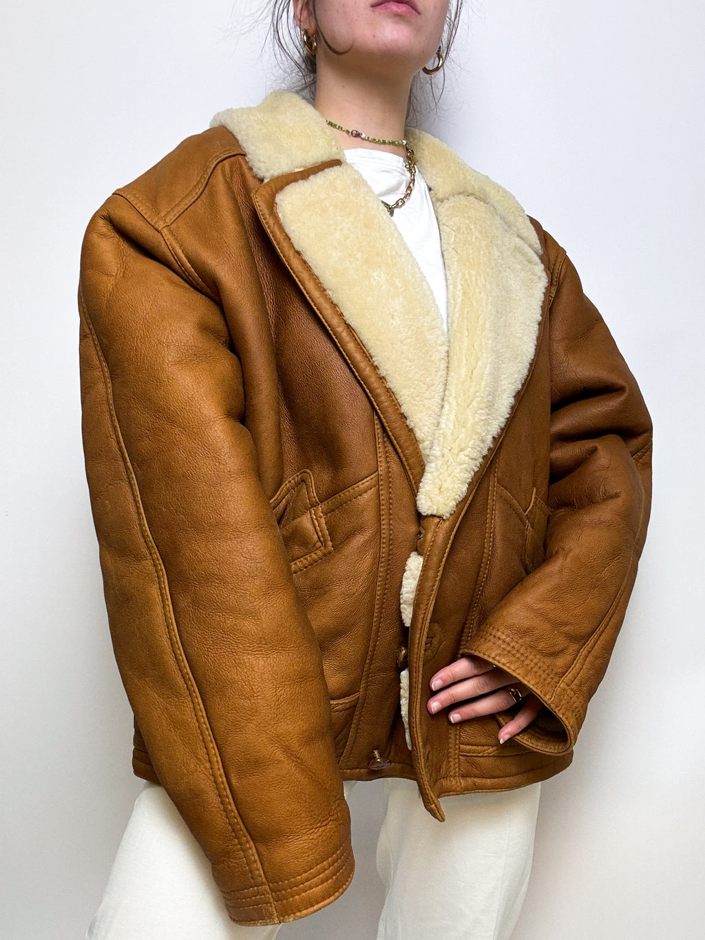 Manteau en cuir et mouton retourné brun L