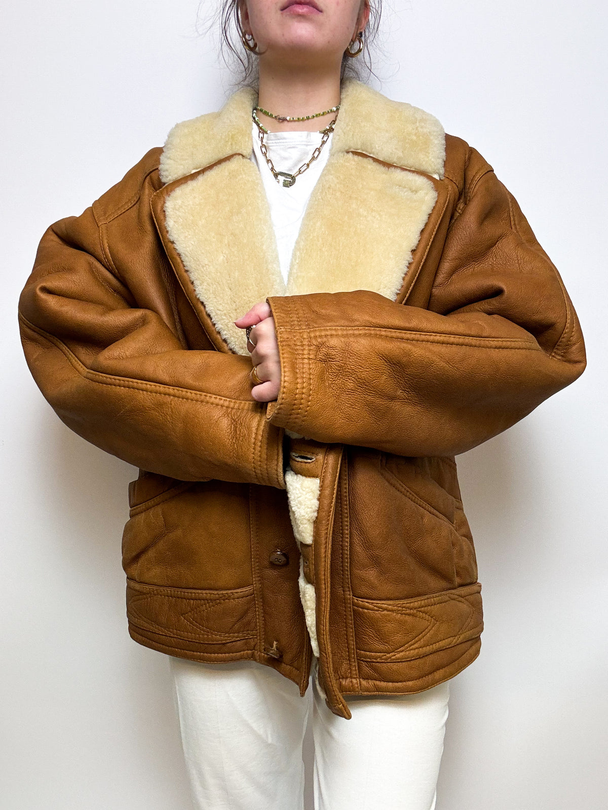 Manteau en cuir et mouton retourné brun L
