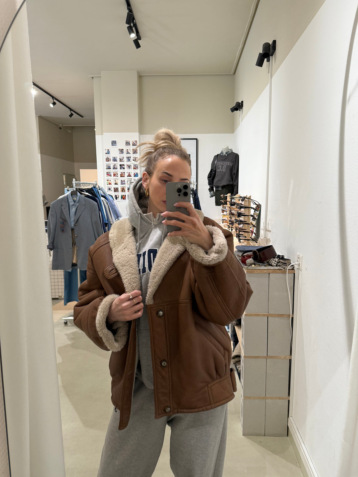 Brauner Shearling-Mantel XL