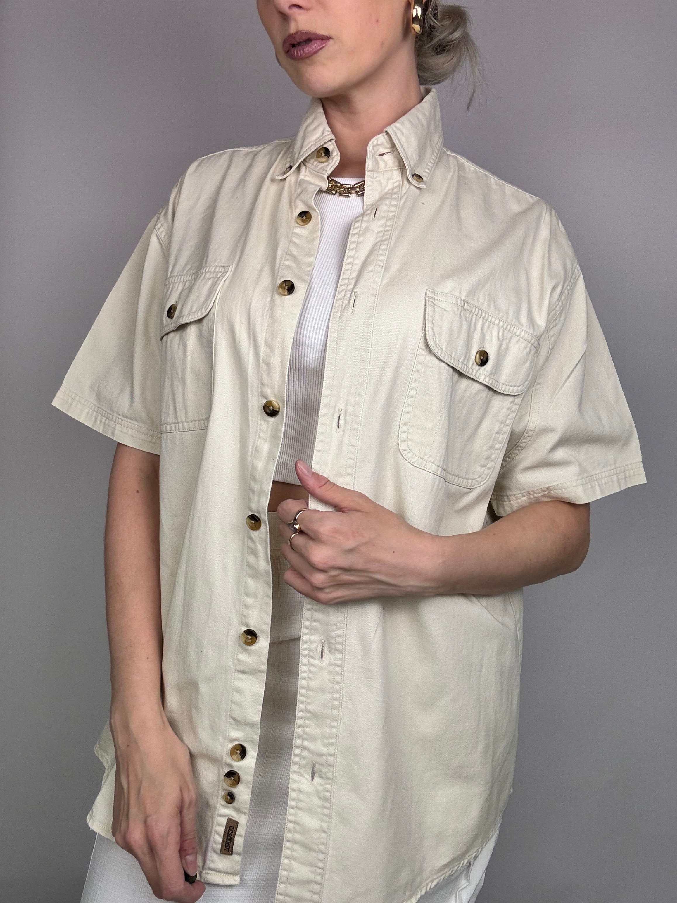 Chemise manche courte denim blanc cassé