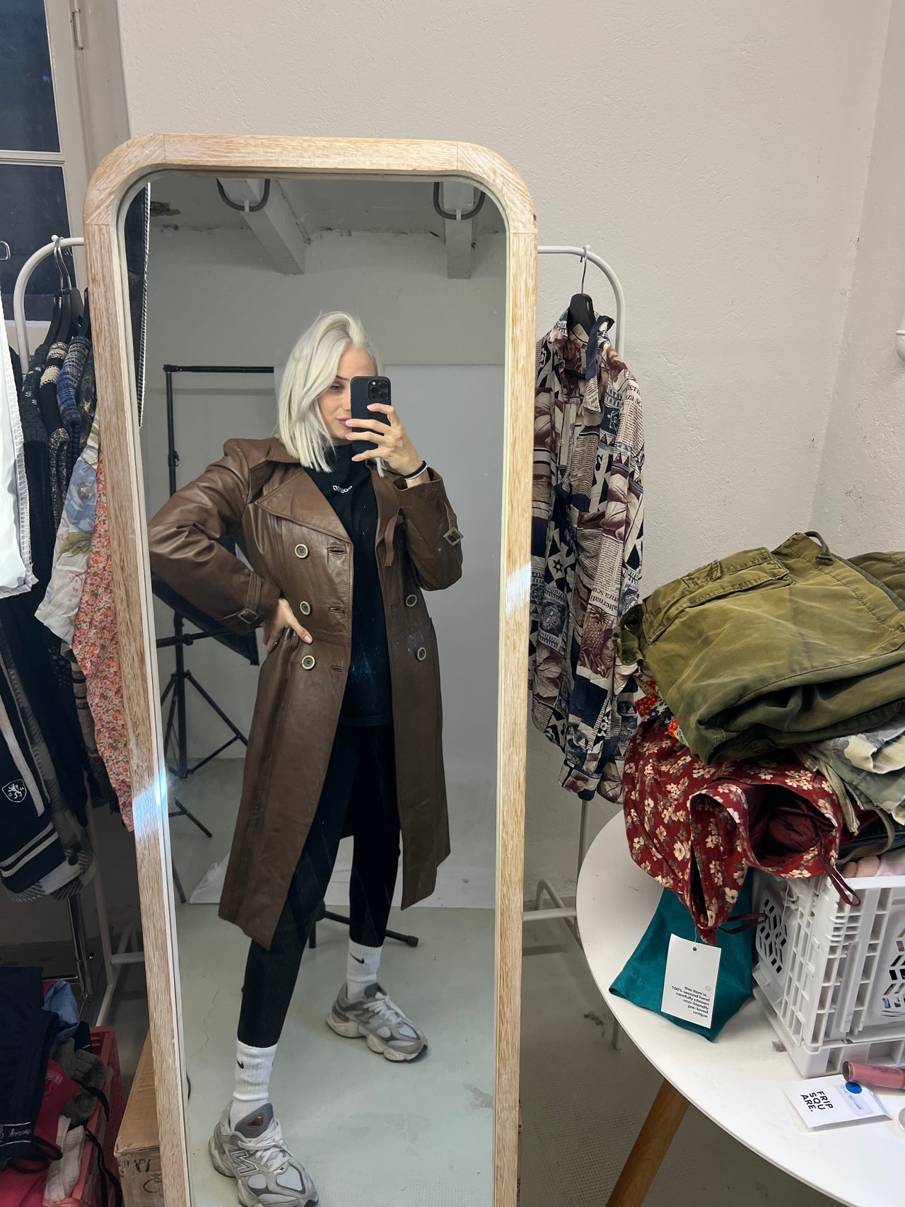 Trenchcoat en cuir brun vintage S