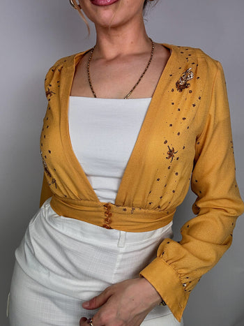 Vintage yellow long sleeve crop top blouse