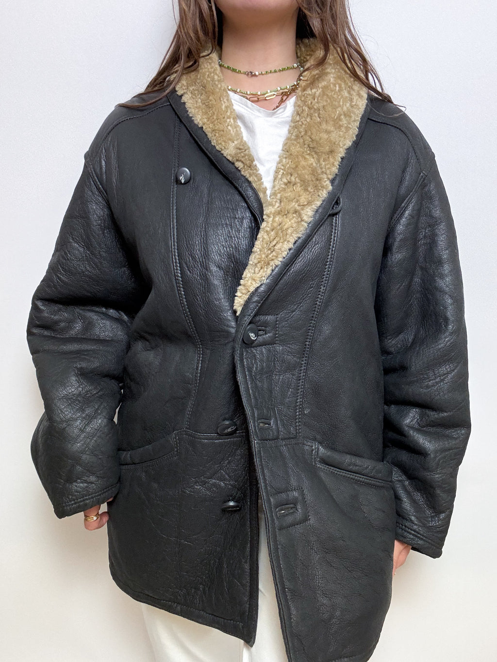 Manteau en cuir et mouton retourné noir M/L