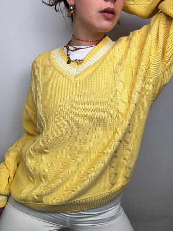 Vintage V-neck knit sweater in chick yellow L/XL 