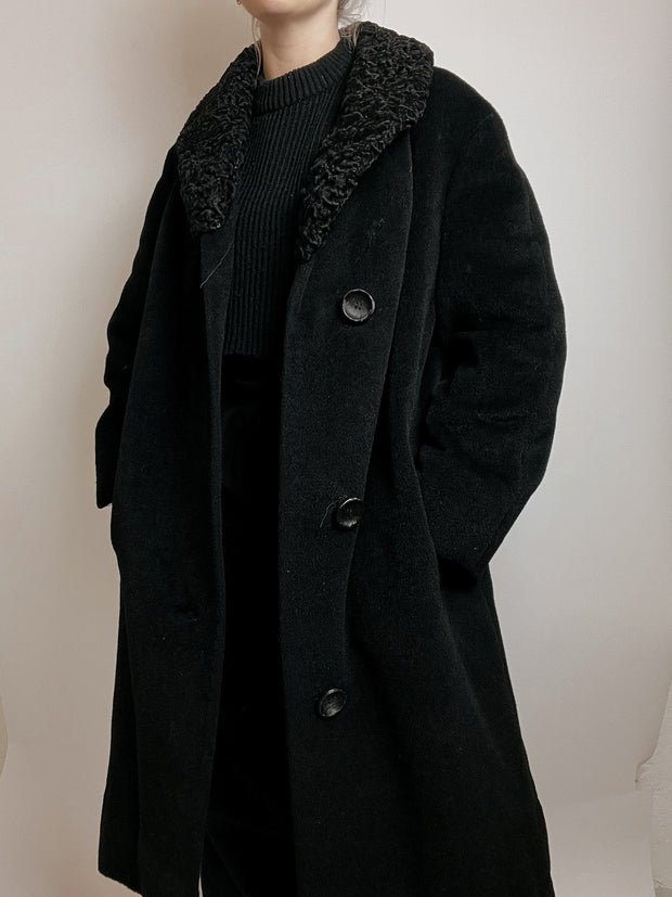 Manteau en laine vintage noir encolure déco M
