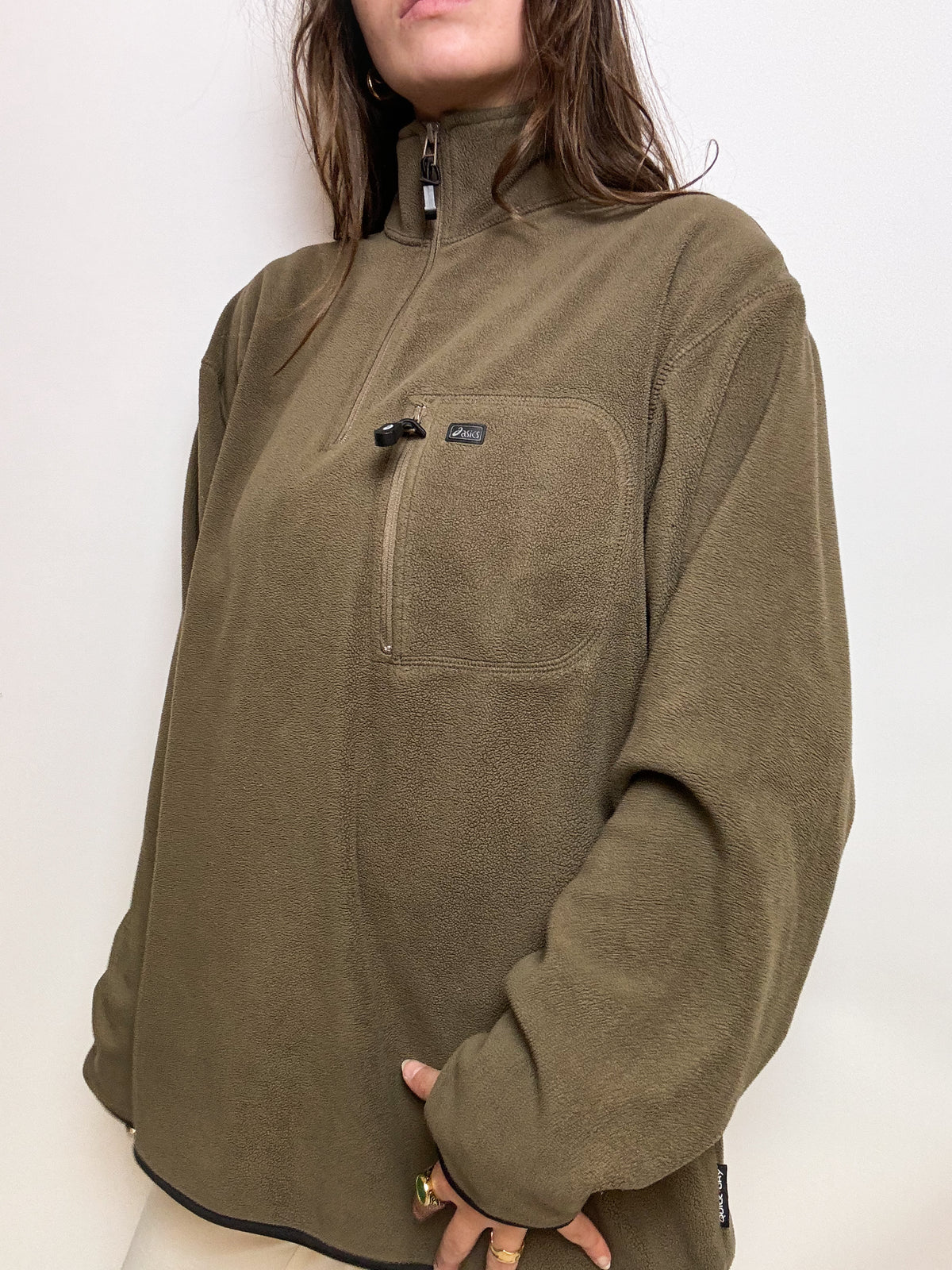 Vintage khaki Asics fleece sweater L/XL 