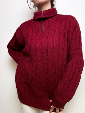 Red wool sweater with Vintage zip L/XL 