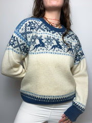 Vintage blue and cream white patterned knit sweater M/L