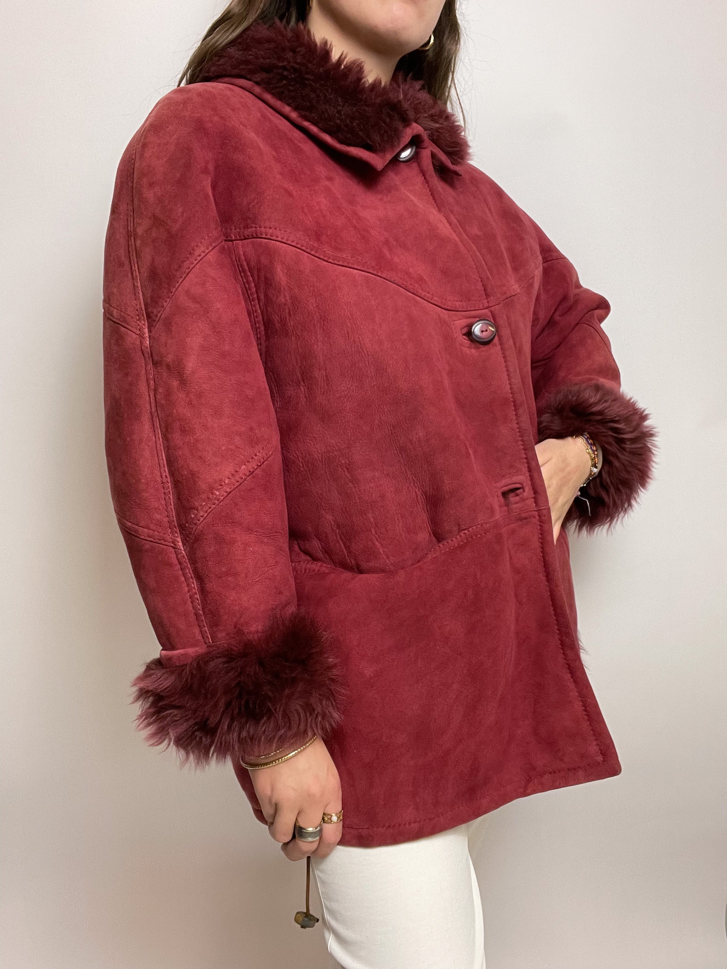 Manteau vintage en mouton retourné bordeau L/XL