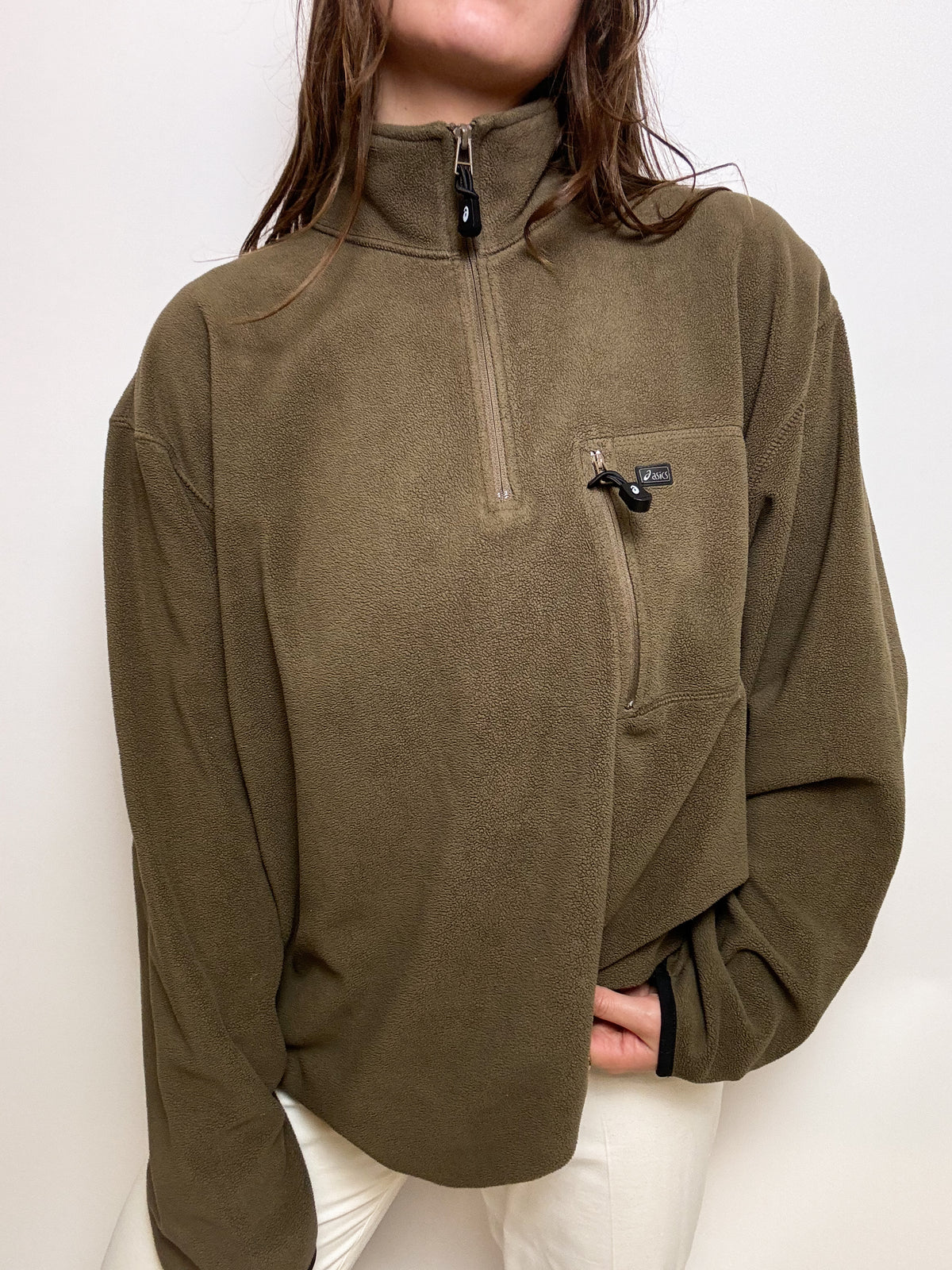 Vintage khaki Asics fleece sweater L/XL 