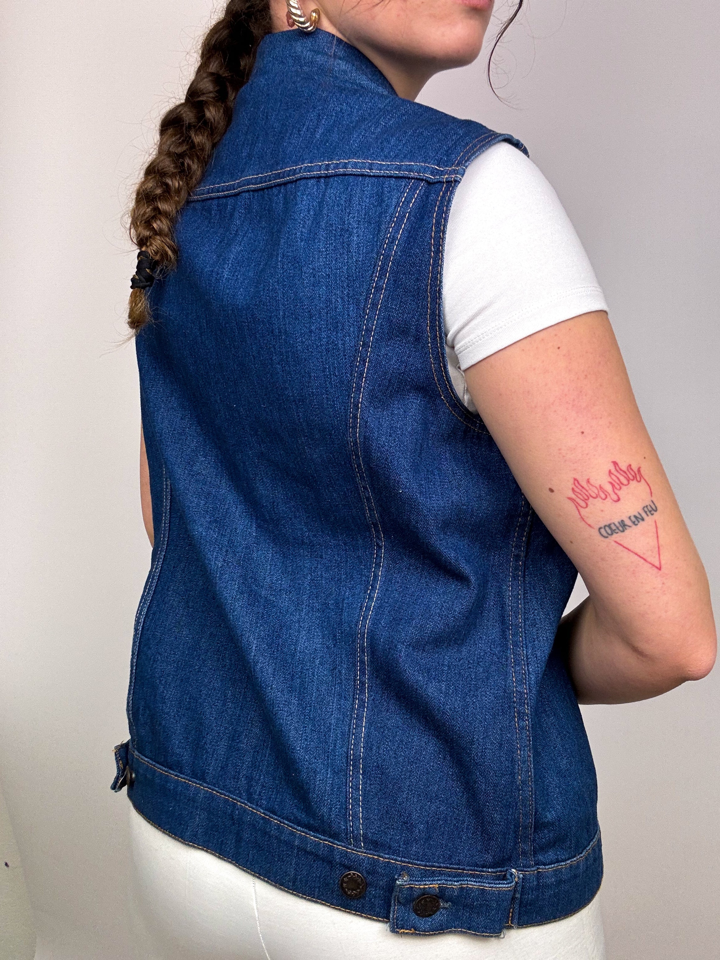 Gilet en jeans vintage sans manches à poches bleu foncé M