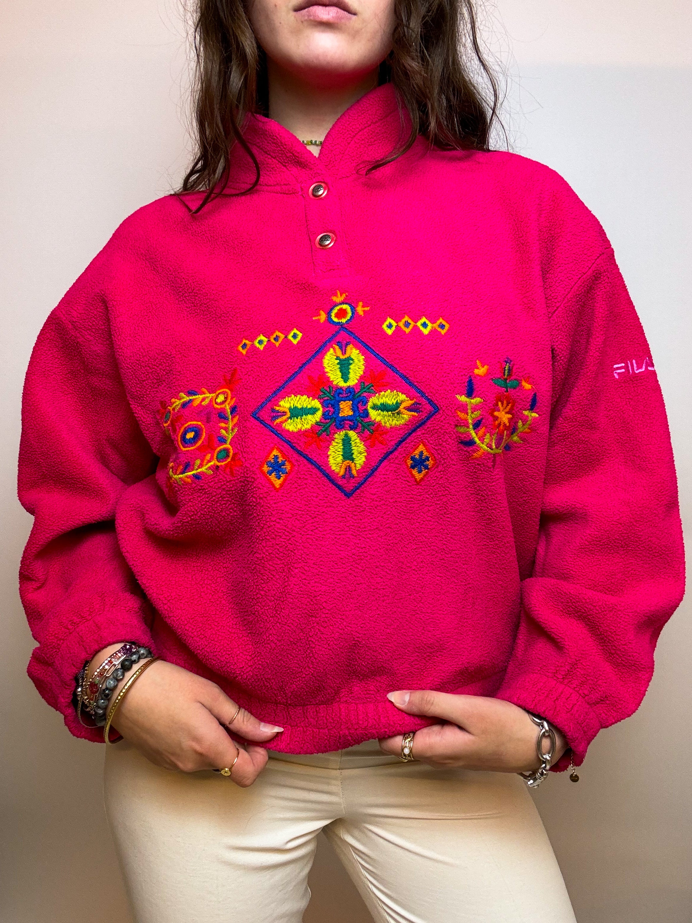Pink fleece sweater with vintage snap buttons M 