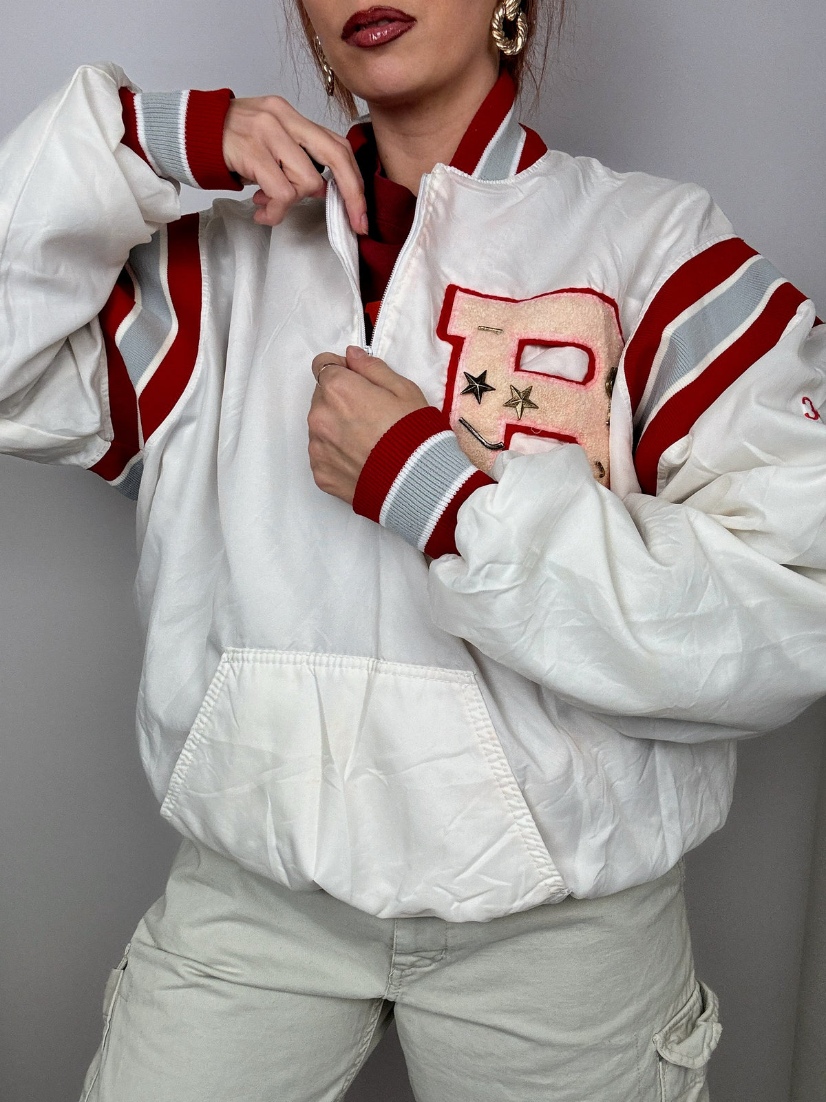 Red/white American bomber jacket Vintage XL