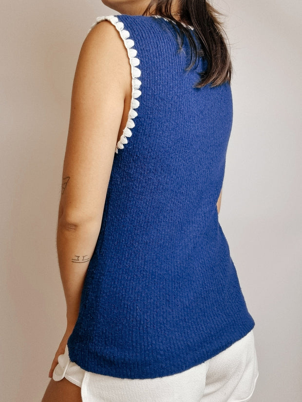 Top Vintage en maille bleu et blanc