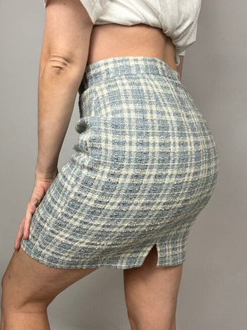 Vintage blue/off-white plaid straight skirt