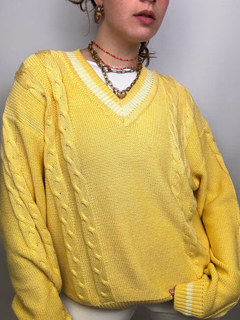 Vintage V-neck knit sweater in chick yellow L/XL 