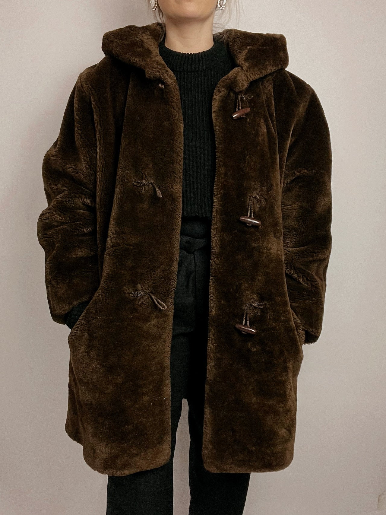 Dark Brown Faux Fur Coat with Hood 