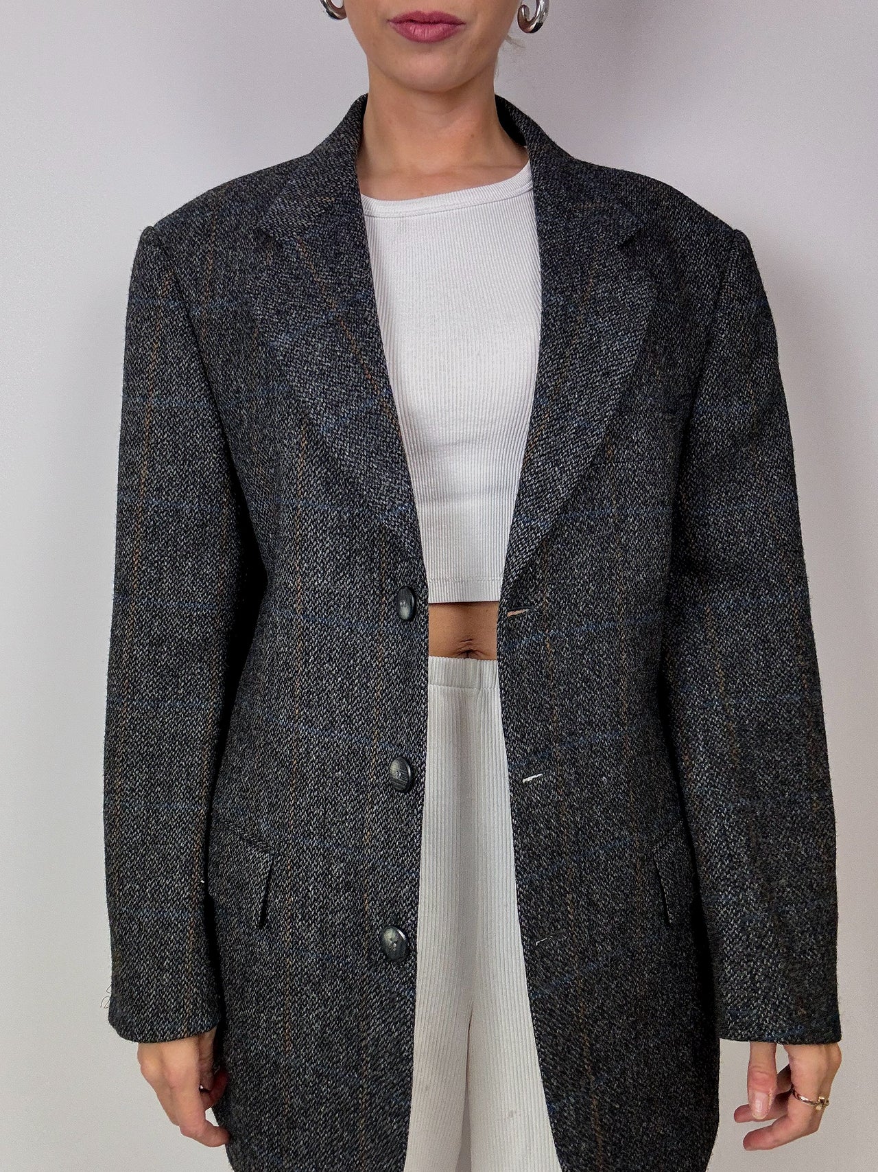 Blazer à carreaux gris vintage