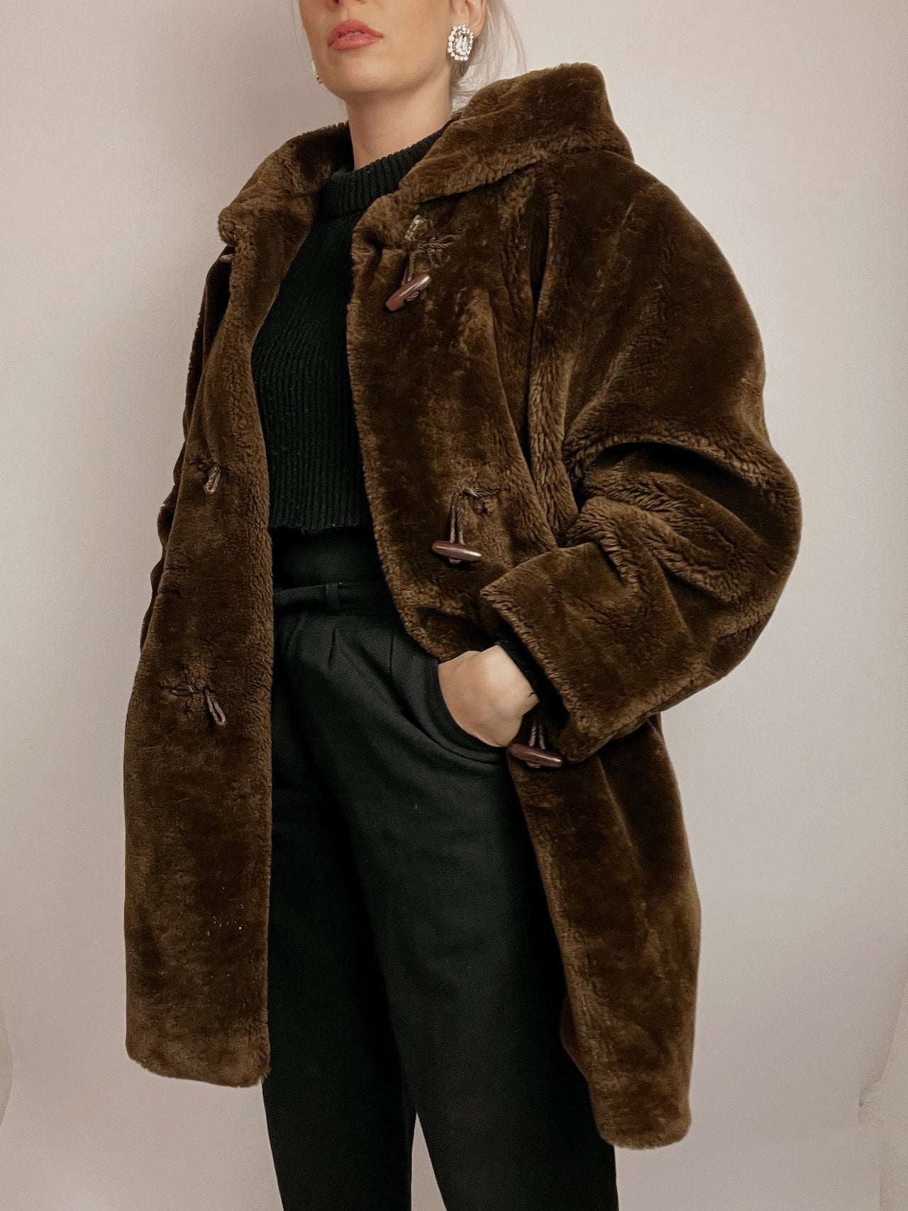 Dark Brown Faux Fur Coat with Hood 