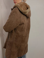 Manteau vintage en mouton retourné taupe avec capuche S