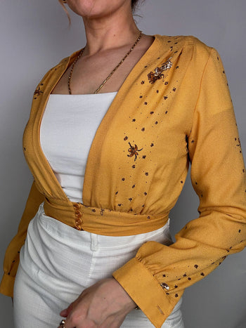 Vintage yellow long sleeve crop top blouse