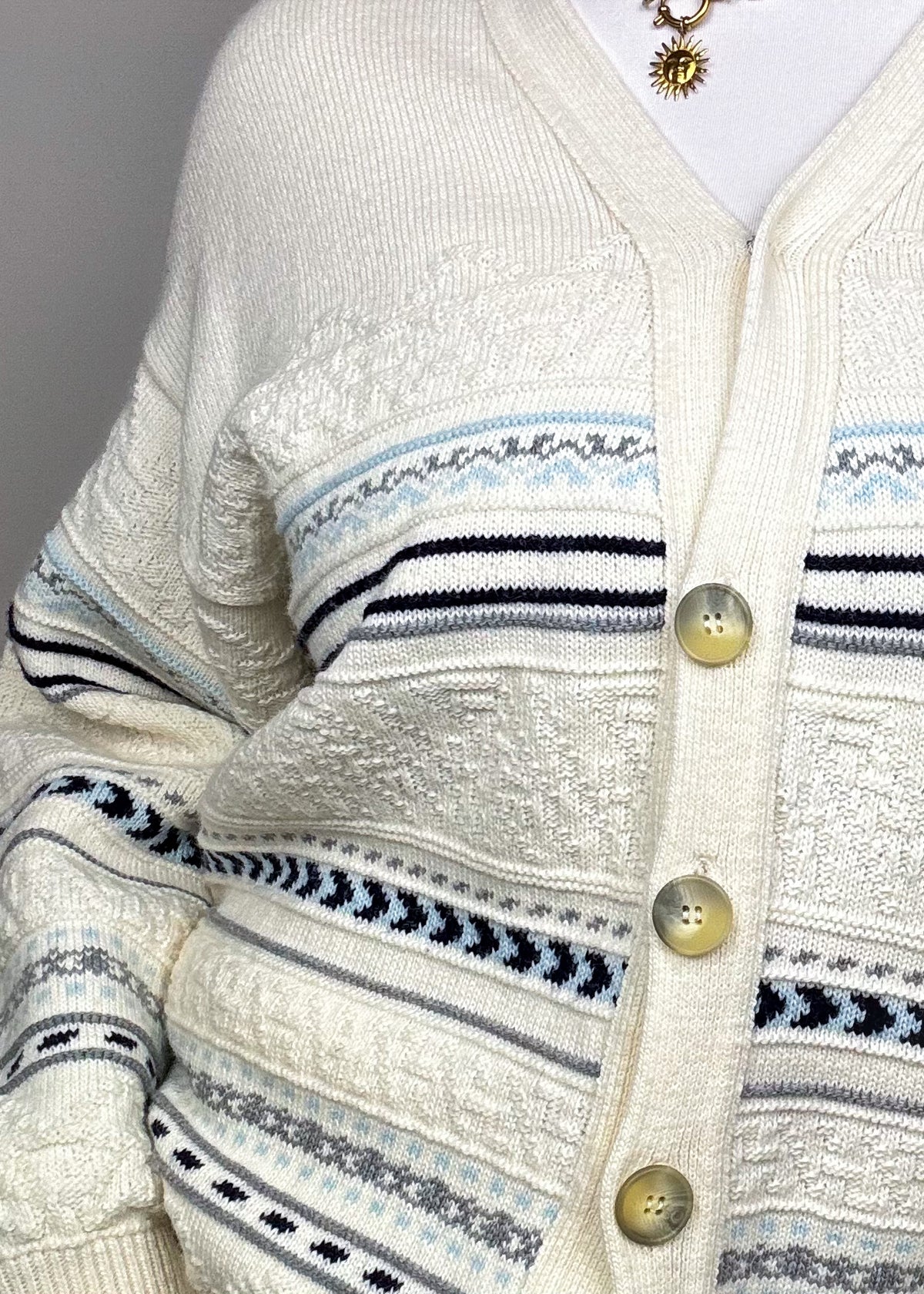 Gilet manche longue blanc crème à motifs Vintage M/L