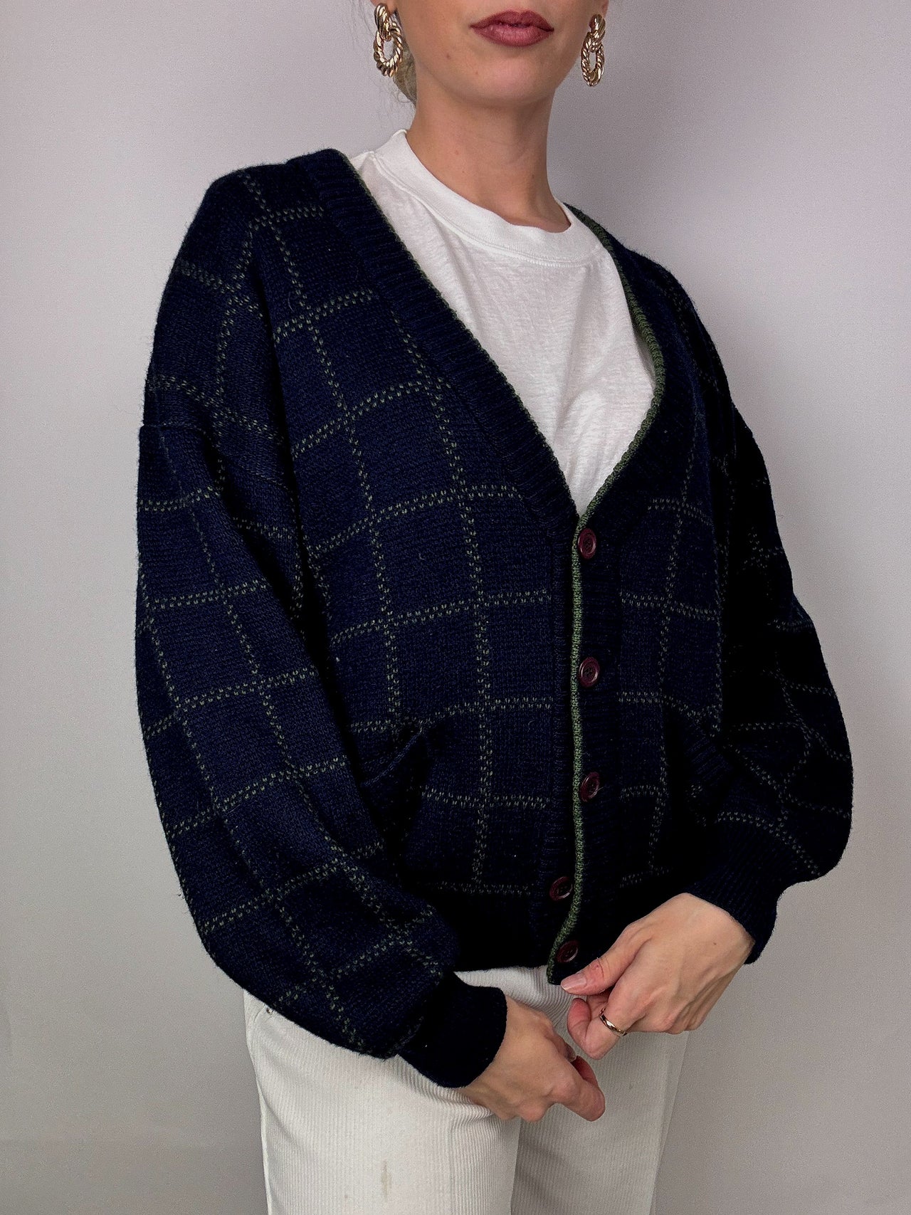 Cardigan à carreaux vert/bleu à bouton