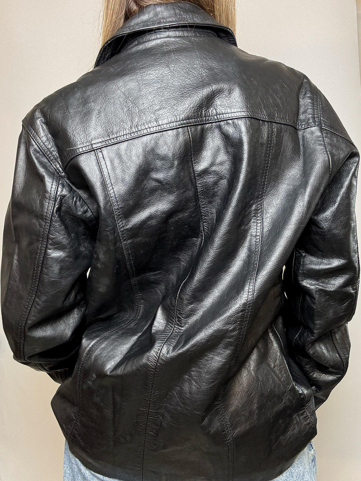 Veste en cuir mi-longue vintage noire M