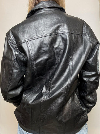 Veste en cuir mi-longue vintage noire M
