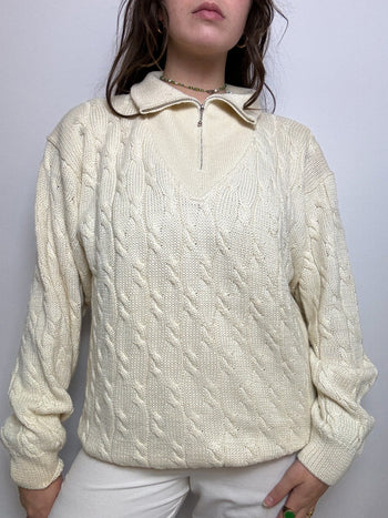 Cream white wool sweater with vintage zip L/XL 