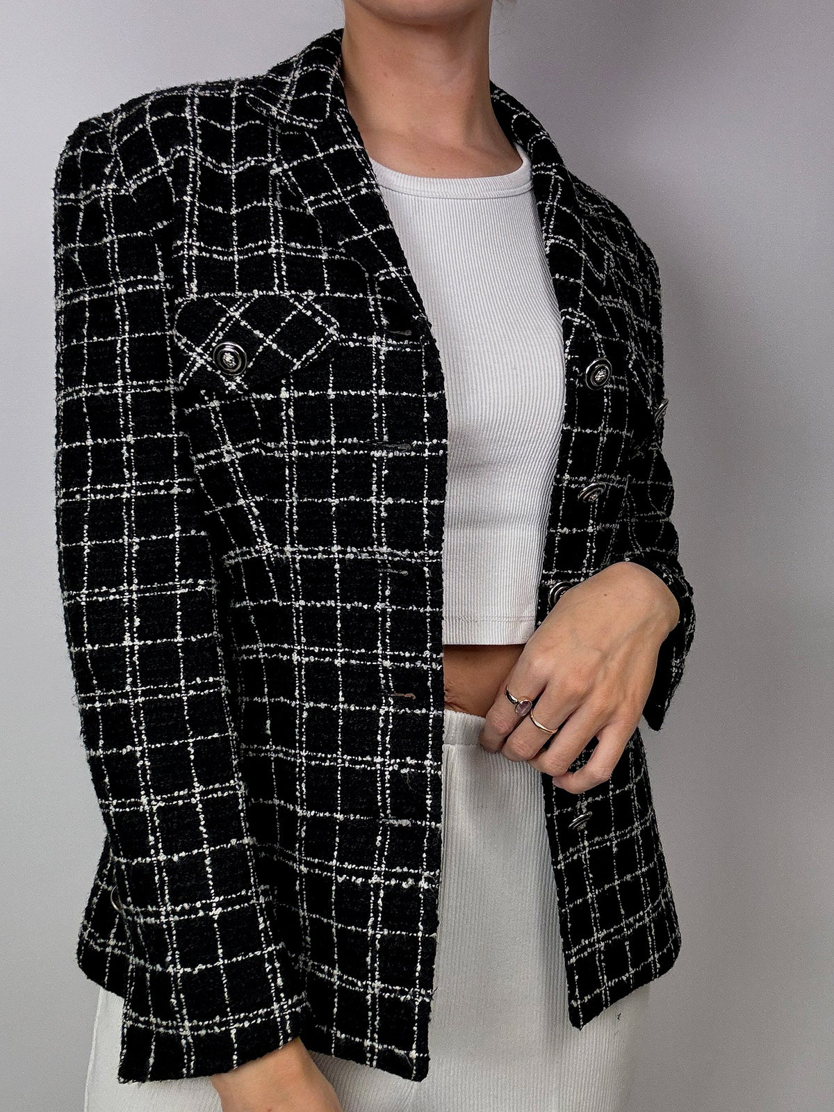 Vintage black tweed fitted plaid blazer