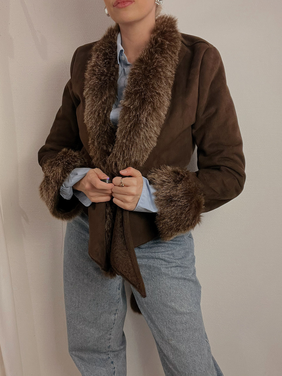 Veste courte vintage en mouton retourné brun XS/S