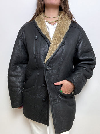 Black leather and shearling coat M/L 