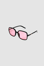 Vintage recycelte quadratische schwarze Brille mit rosa Gläsern 