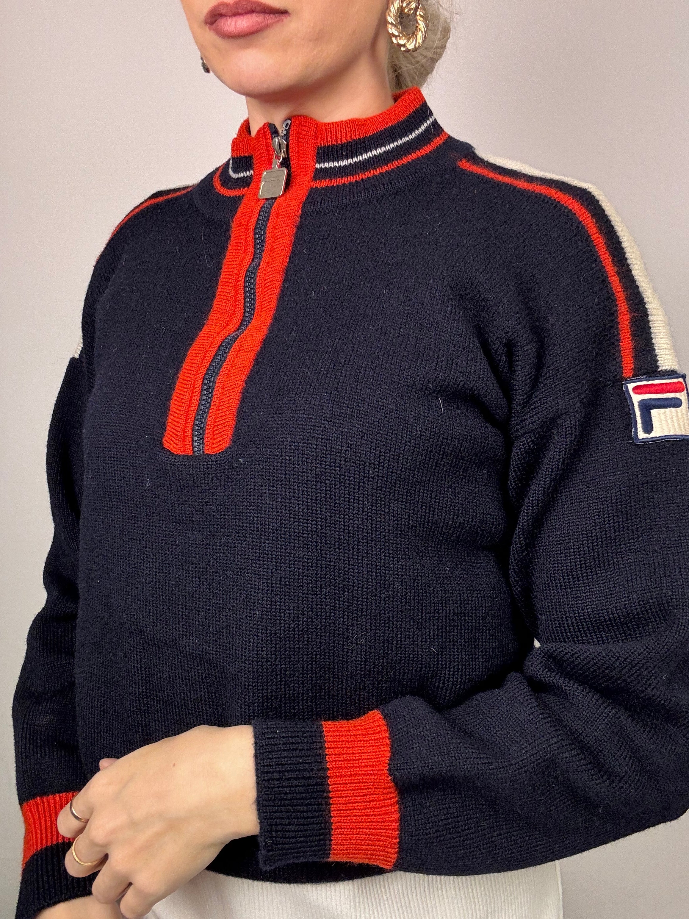 FILA navy and red vintage funnel neck sweater