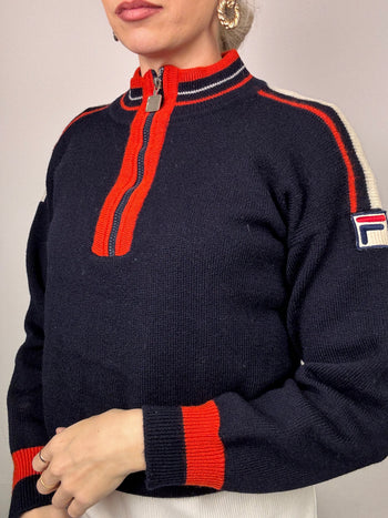 Pull FILA col cheminé bleu marine et rouge vintage