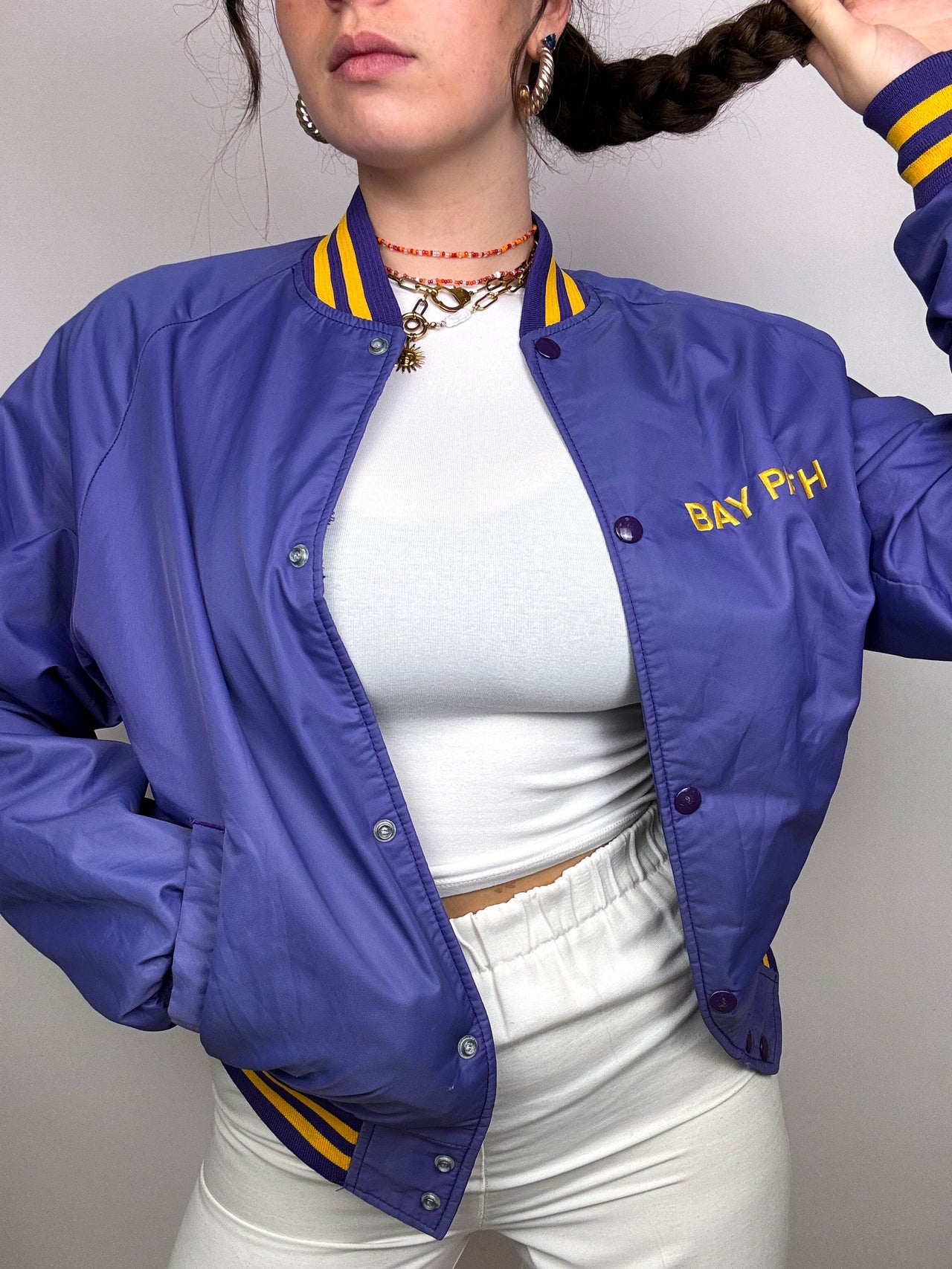 Veste Bomber américain satiné violet et jaune S/M