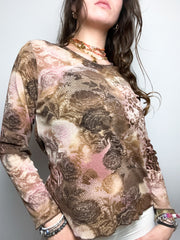 Mesh top long sleeve with vintage patterns M/L
